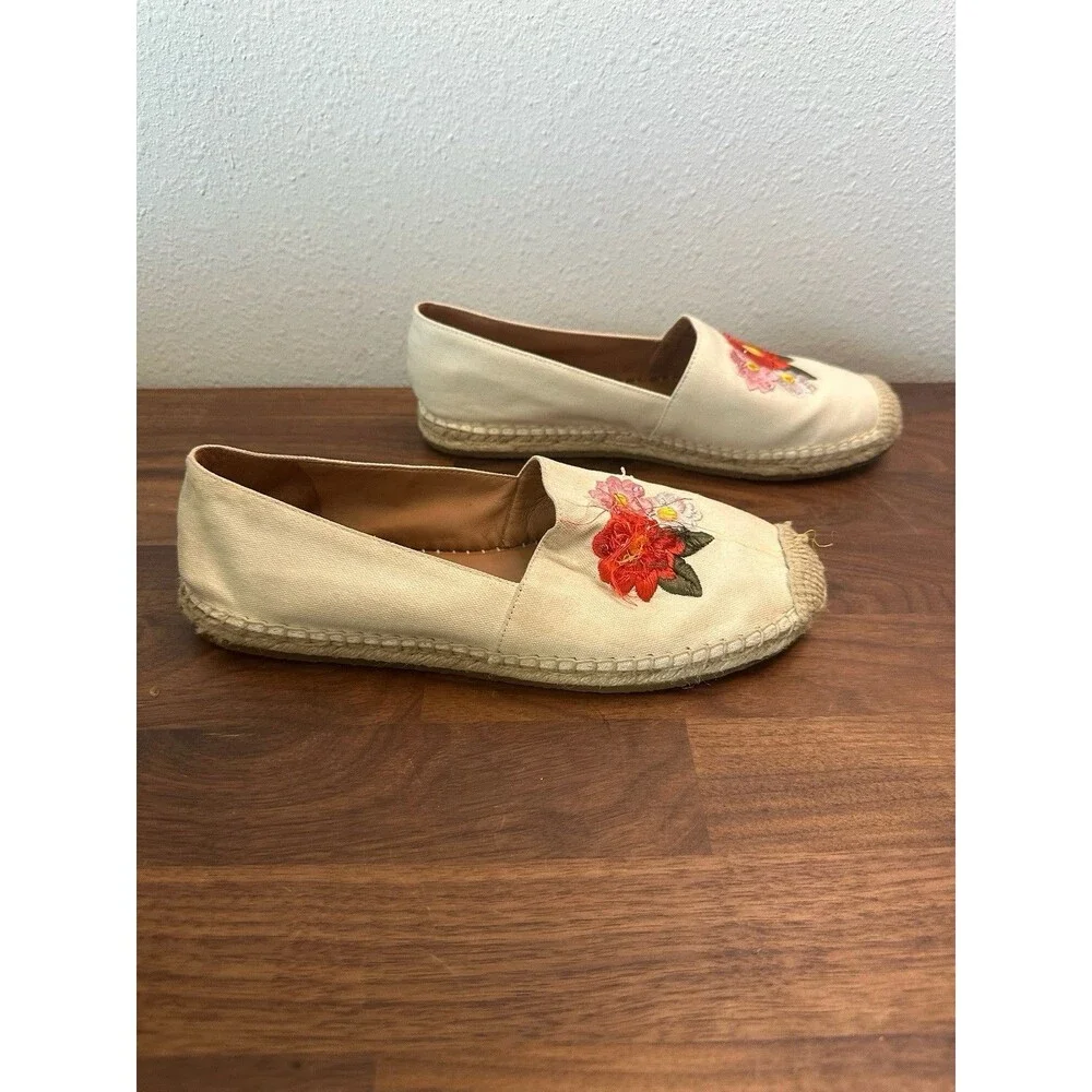 Kate Spade Cream Dahlia Espadrille Flat Loafers w Floral Embroidery Size 8